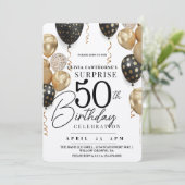 白モダン金ゴールド黒気球50誕生日 招待状 (スタンド正面)