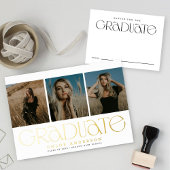 白モダン金ゴールド3写真卒業のお知らせ 箔招待状