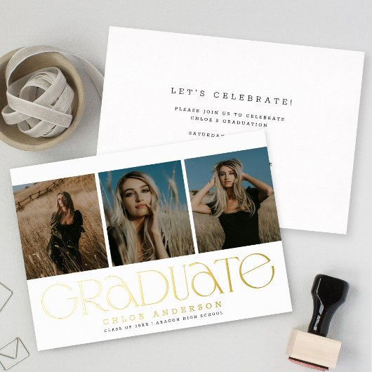 白モダン金ゴールド3写真卒業のお知らせ 箔招待状