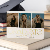 白モダン金ゴールド3写真卒業のお知らせ 箔招待状