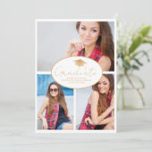 白モダン金ゴールド3写真卒業 案内状 (スタンド正面)