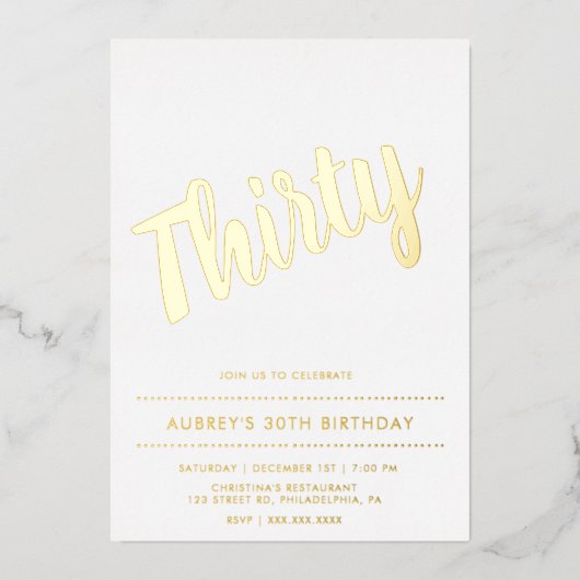 白モダン金ゴールド30thバースデーフォイル招待状 箔招待状 (正面)