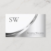 白モダン銀デコールとモノグラムと写真 名刺 (正面)