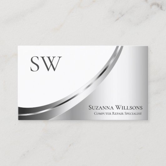 白モダン銀デコールとモノグラムと写真 名刺 (正面)