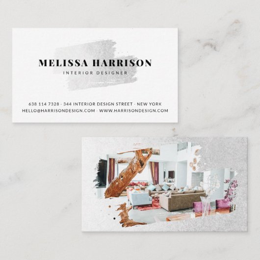 白モダン銀箔ブラシストロークのロゴ写真 名刺 (正面/裏面)