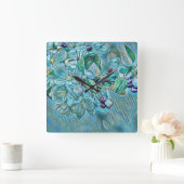 白モダン青グリーンさくらんぼ花の水色 スクエア壁時計 (ホーム)