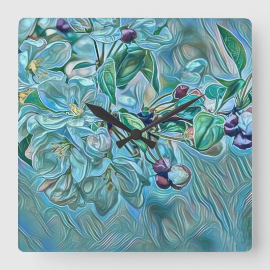 白モダン青グリーンさくらんぼ花の水色 スクエア壁時計 (正面)