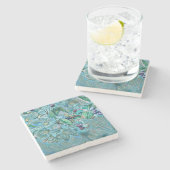 白モダン青グリーンさくらんぼ花の水色 ストーンコースター (横)