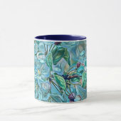 白モダン青グリーンさくらんぼ花の水色 マグカップ (中央)