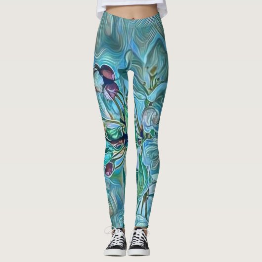 白モダン青グリーンさくらんぼ花の水色 レギンス (正面)