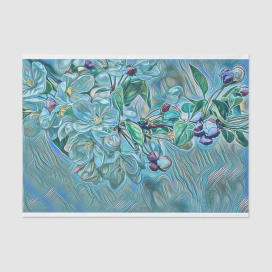 白モダン青グリーンさくらんぼ花の水色 薄葉紙 (正面)