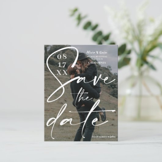 白モダン黒のスクリプはっきりしたトは日付の写真を保存 ポストカード (スタンド正面)