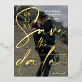 白モダン黒のスクリプはっきりしたトは日付の写真を保存 箔招待状ポストカード (正面)