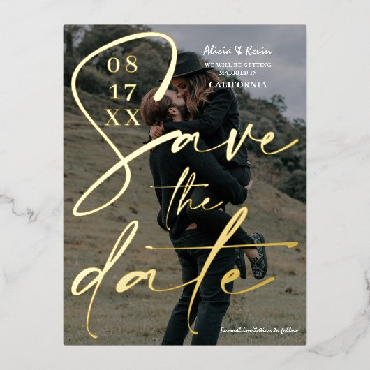 白モダン黒のスクリプはっきりしたトは日付の写真を保存 箔招待状ポストカード (正面)