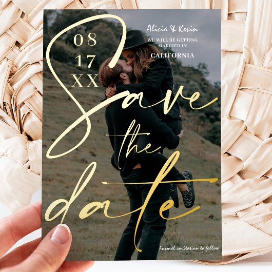 白モダン黒のスクリプはっきりしたトは日付の写真を保存 箔招待状ポストカード