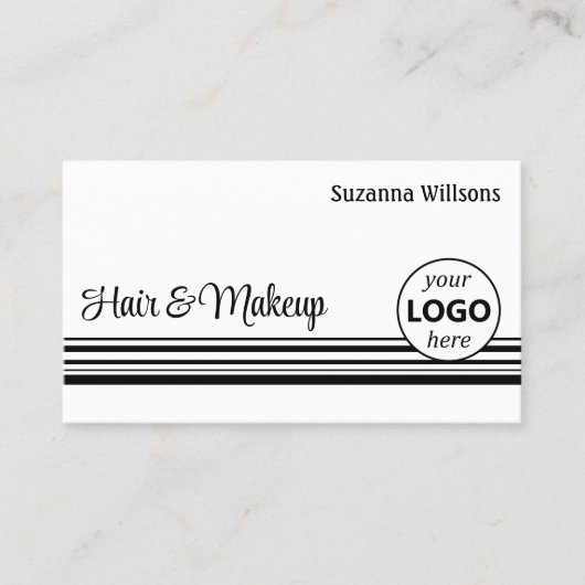 白モダン黒のストライプロゴと写真 名刺 (正面)