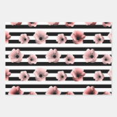白モダン黒のストライプ花とピンクの花 ラッピングペーパーシート (正面)