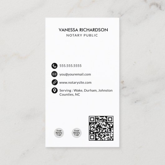白モダン黒の公証人縦写真QRコード 名刺 (裏面)