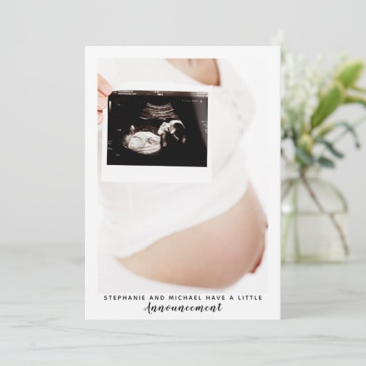 白モダン黒の写真妊娠の発表 案内状 (スタンド正面)