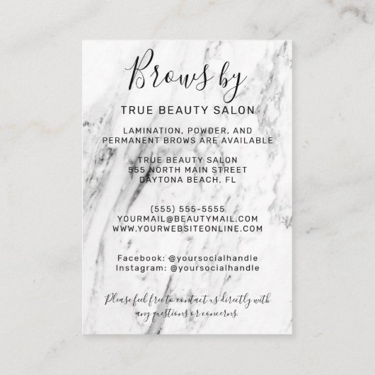 白モダン黒の大理石の眉アフターケアのアイコン 名刺 (裏面)
