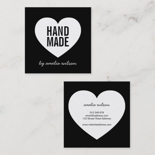 白モダン黒の手作りハート スクエア名刺 (正面/裏面)