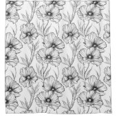 白モダン黒の花の植物模様 シャワーカーテン (正面)