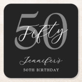 白モダン黒エレガント50誕生日 スクエアペーパーコースター (正面)