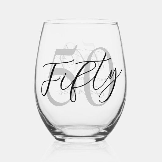白モダン黒エレガント50誕生日 ステムなしワイングラス (裏面)