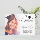 白モダン黒スクリプト写真大学卒業 案内状 (スタンド正面)