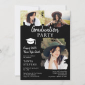 白モダン黒ブラシストローク3枚の写真の卒業 招待状 (正面)
