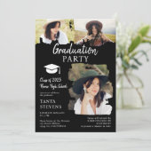 白モダン黒ブラシストローク3枚の写真の卒業 招待状 (スタンド正面)