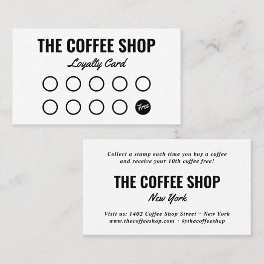 白モダン黒プレーンシンプルコーヒーショップ ロイヤリティカード (正面/裏面)