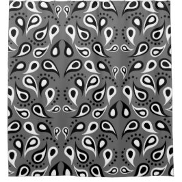 白モダン黒ペイズリーオングレー シャワーカーテン