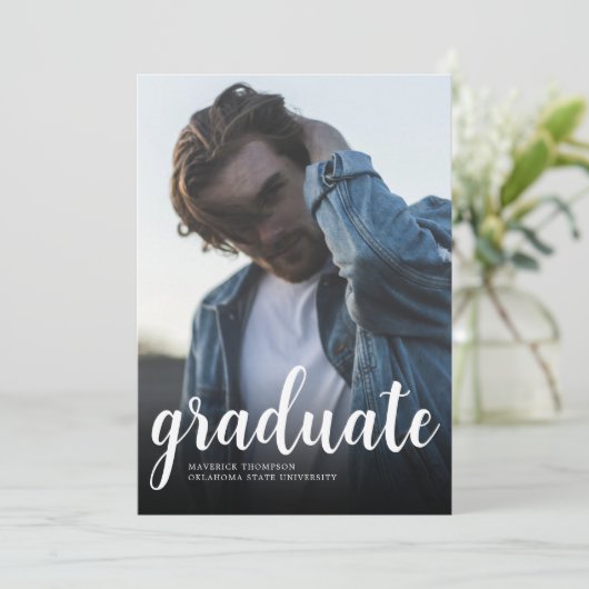 白モダン黒ミニマル写真卒業パーティー 招待状 (スタンド正面)