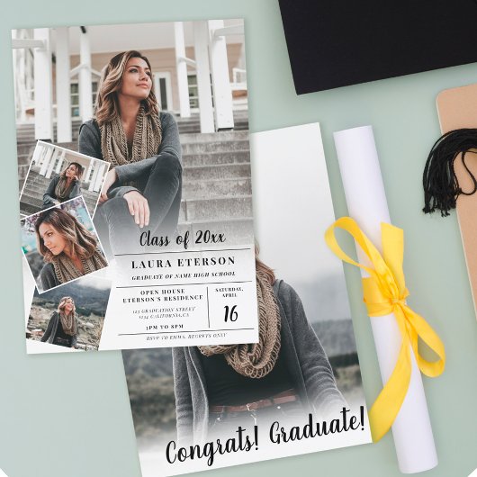 白モダン黒ミニマル写真卒業 招待状