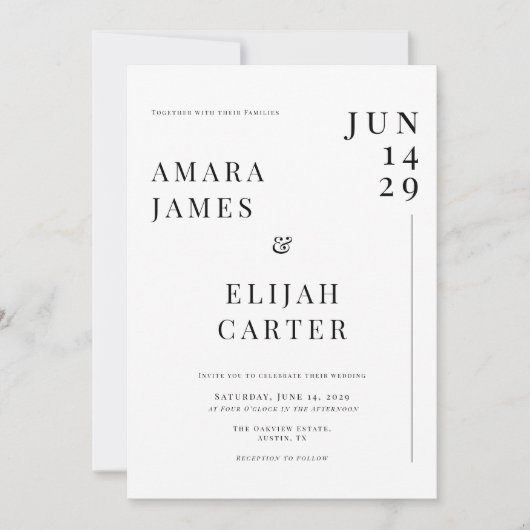 白モダン黒ミニマル結婚の 招待状 (正面)