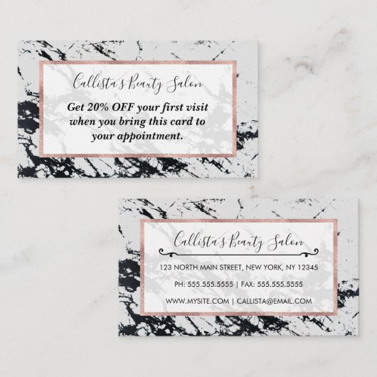 白モダン黒ユニーク大理石模様 割引カード (正面/裏面)