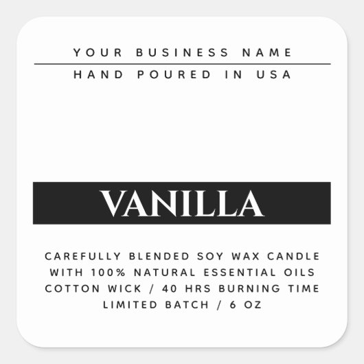 白モダン黒包装蝋燭製品ラベル スクエアシール (正面)