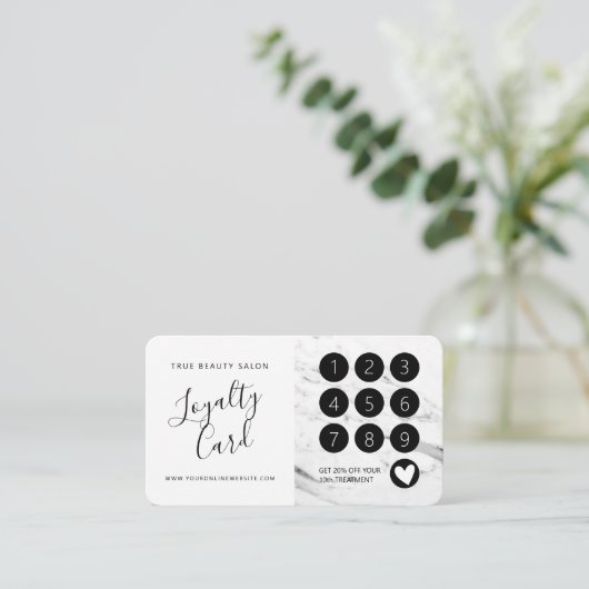 白モダン黒大理石スクリプト ロイヤリティカード (スタンド正面)