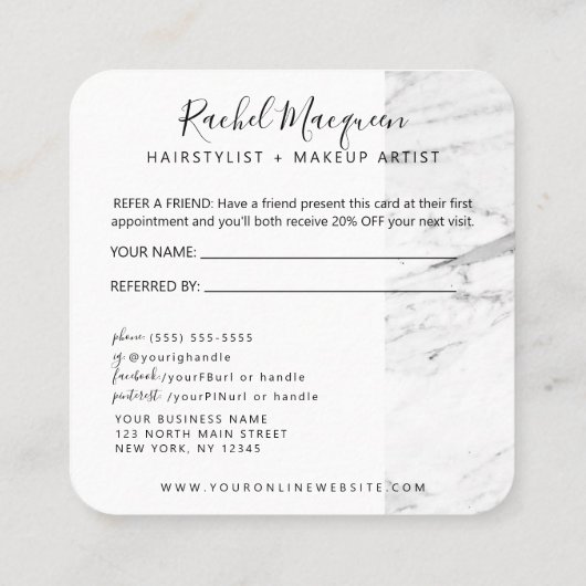 白モダン黒大理石スクリプト 紹介カード (裏面)