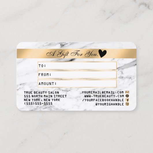 白モダン黒大理石金ゴールドギフトカード 名刺 (裏面)