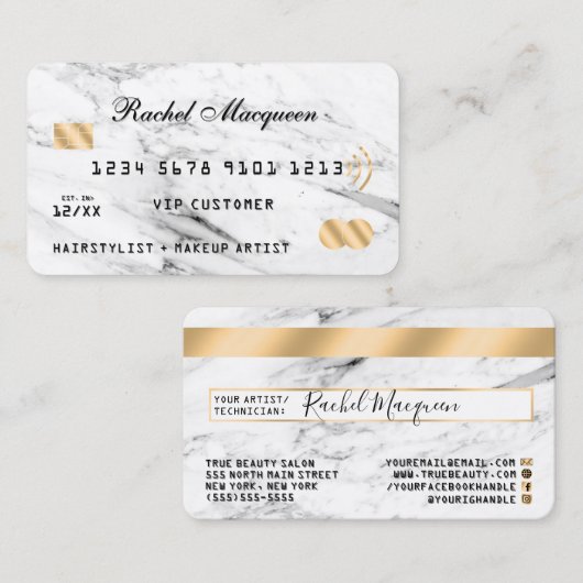 白モダン黒大理石金ゴールドクレジット 名刺 (正面/裏面)