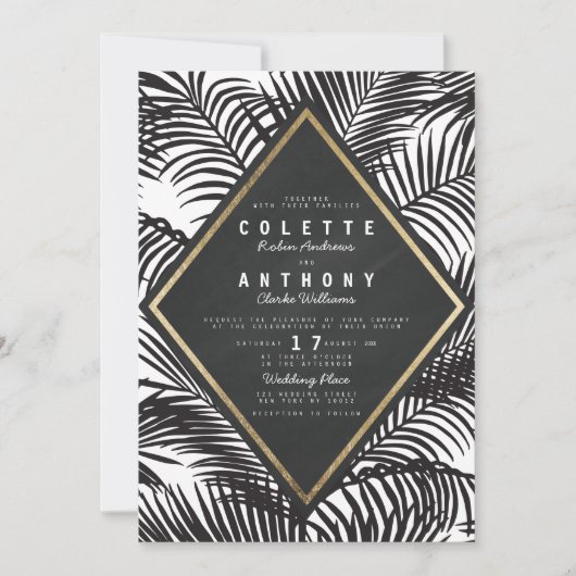 白モダン黒熱帯パーム結婚フロン 招待状 (正面)