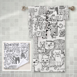 白モダン黒猫と子猫パターン（の模様が）ある バスタオルセット