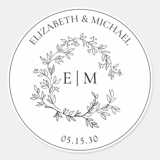 白モダン黒葉冠モノグラム結婚ズ ラウンドシール (正面)