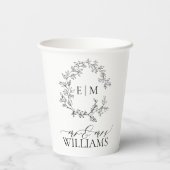 白モダン黒葉冠モノグラム結婚ズ 紙コップ (裏面)