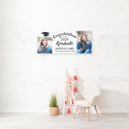 白モダン黒2枚フォト卒業バナー 横断幕 (インサイチュ)