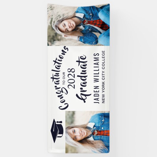 白モダン黒2枚フォト卒業バナー 横断幕 (縦)