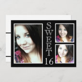 白モダン黒3枚スイート16 招待状 (正面/裏面)