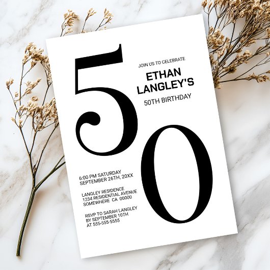 白モダン黒50歳の誕生日パーティー 招待状